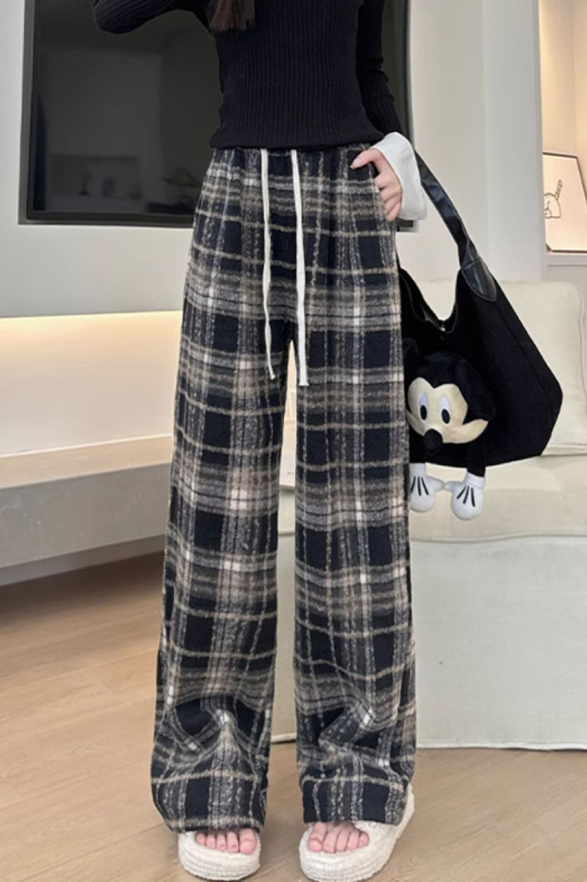 Plaid pants for women autumn and winter 2024 new style plus velvet high waist loose drape narrow version Yamamoto wide leg pants