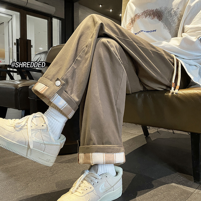 Curled plaid casual pants straight leg nine-point pants spring quality