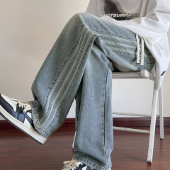 Spring and Autumn American High Street Three Stripes Wide Leg Jeans Men's Hong Kong Style Floor-Mopping Trousers