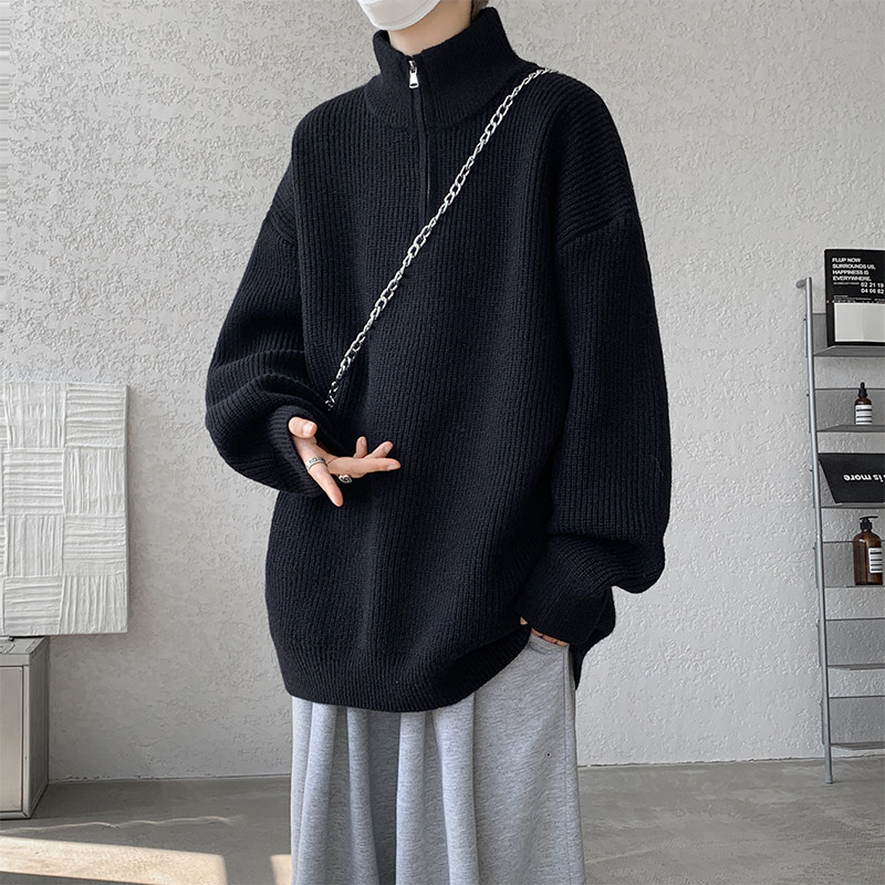 Half zipper turtleneck men's solid color large size sweater jacket