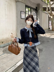 Suit for women 2024 preppy style bow tie twist beaded long-sleeved shirt for women + plaid skirt for women