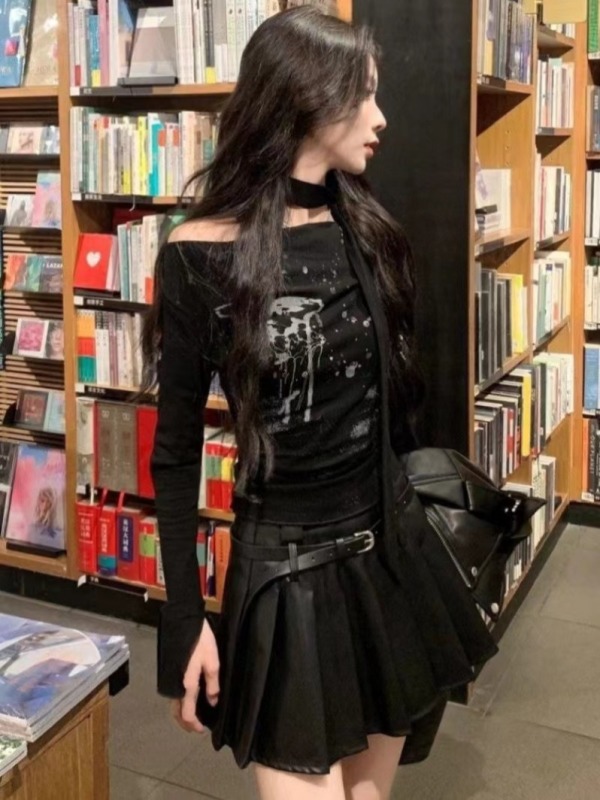 Inkjet butterfly one-shoulder long-sleeved short t-shirt for women early autumn chic bell sleeve American retro hottie top trendy