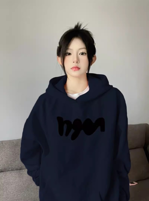 Full matte anti-pilling 350g imitation cotton/450g composite silver fox velvet printed hooded sweatshirt for women