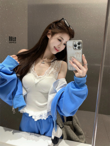 Sports and leisure suit for women, thickened with velvet, loose blue hooded sweatshirt and sweatpants two-piece set, stylish and age-reducing