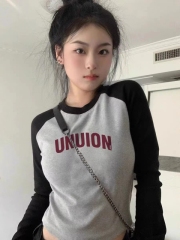 High-end and super good-looking hot girl tight t-shirt women's long-sleeved early autumn thin American textured bottoming shirt raglan top