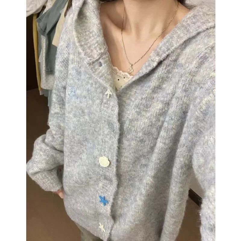 Gray soft waxy hooded sweater cardigan jacket for women in autumn and winter with a Korean atmosphere and a lazy style knitted top