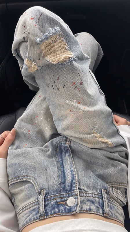 Splashed ink ripped straight jeans for women summer new style light blue high waisted loose slimming narrow wide leg pants trendy