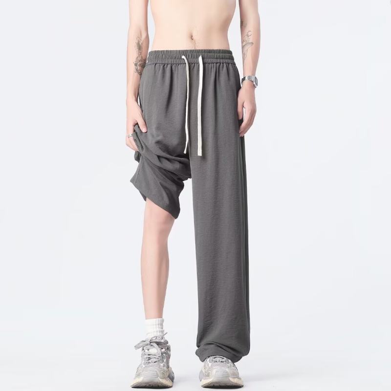 Summer ice silk trousers for men, casual and versatile, youth fashion, loose, quick-drying straight pants, solid color trend