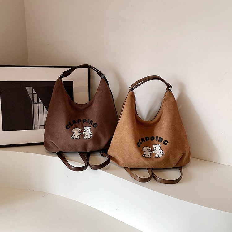 Autumn Fashion Cartoon Backpack Women's 2024 New Retro Suede Tote Bag Casual Large Capacity Backpack
