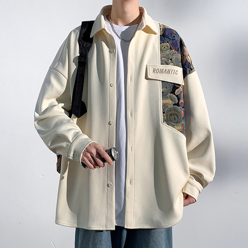 New autumn style Hong Kong scenery light and shadow wall large size bear splicing long-sleeved shirt