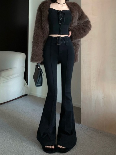 Japanese buckle belt plus velvet thickened autumn and winter high waist slim micro-flared straight floor-length trousers