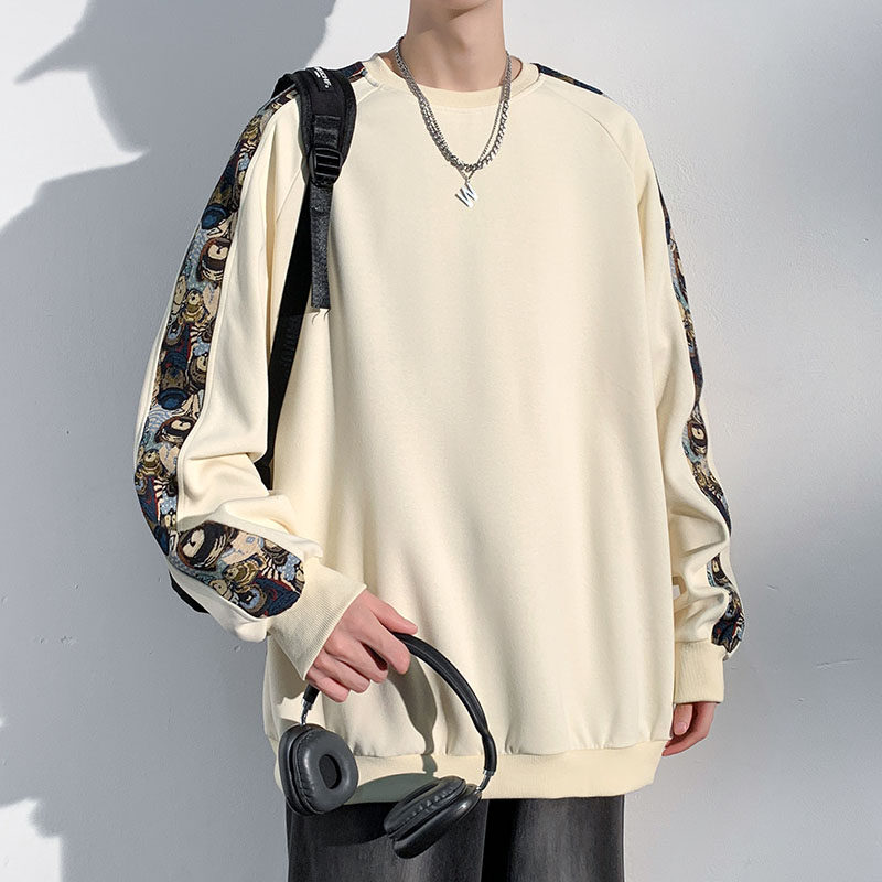 Autumn New Spliced ​​Embroidered Round Neck Sweatshirt Men's Chinese Cotton Trendy Youth Large Size Jacket