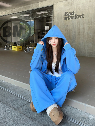 Sports and leisure suit for women, thickened with velvet, loose blue hooded sweatshirt and sweatpants two-piece set, stylish and age-reducing