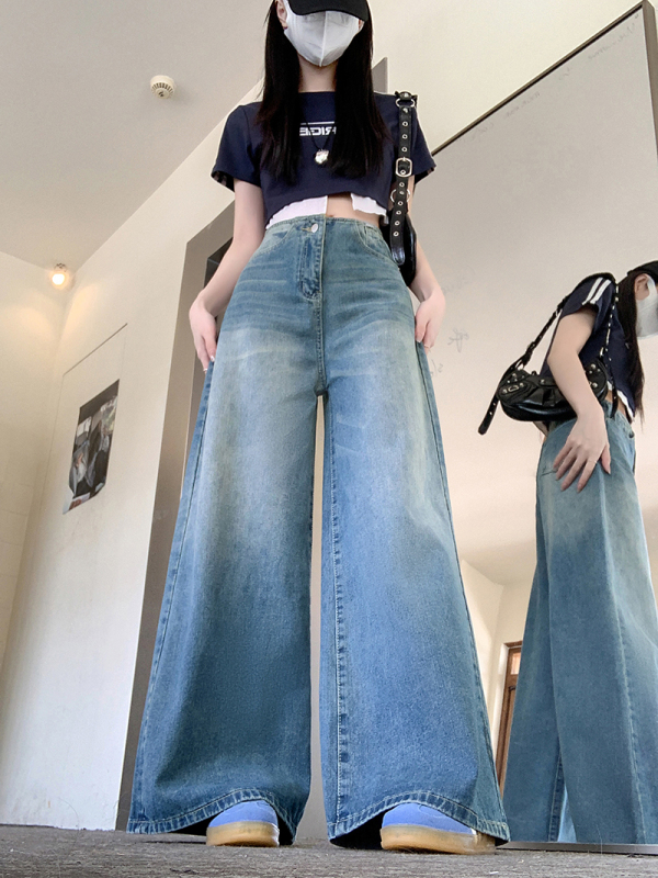 Retro washed distressed blue wide leg jeans for women autumn high waist loose straight pants trousers