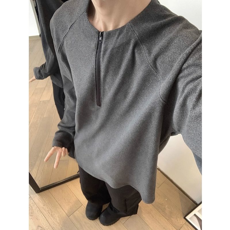 Henry collar half-zip German velvet bottoming shirt for men in autumn and winter with raglan sleeves, long-sleeved T-shirt sweatshirt