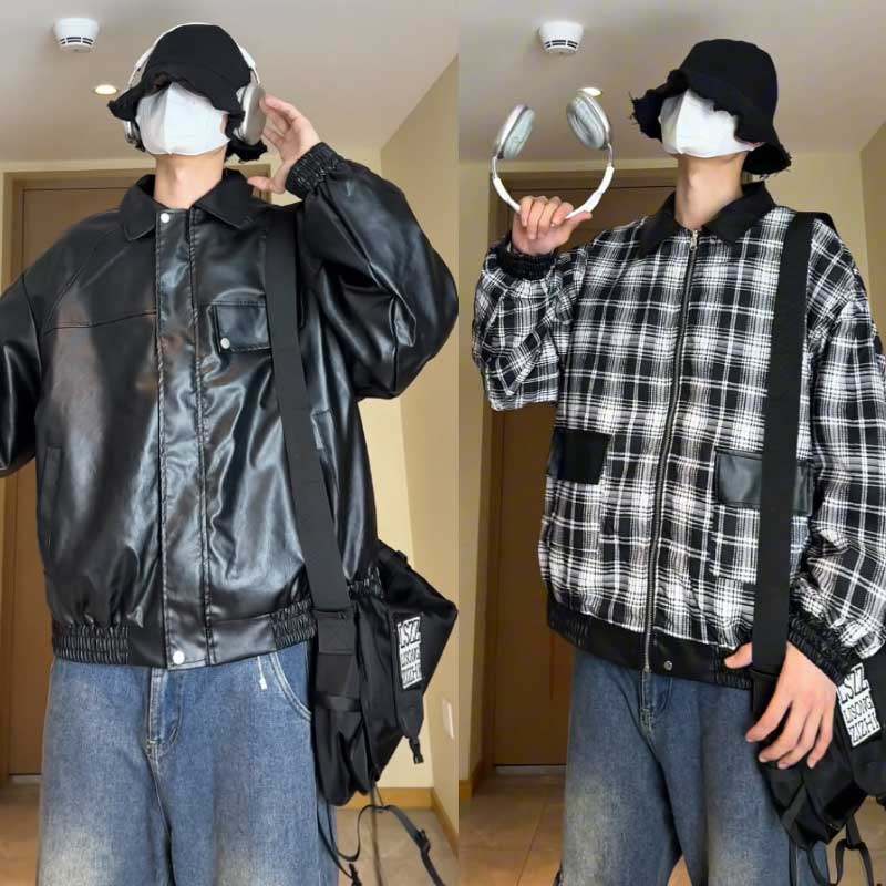 Autumn and winter data reversible plaid leather jacket American lapel versatile casual wear