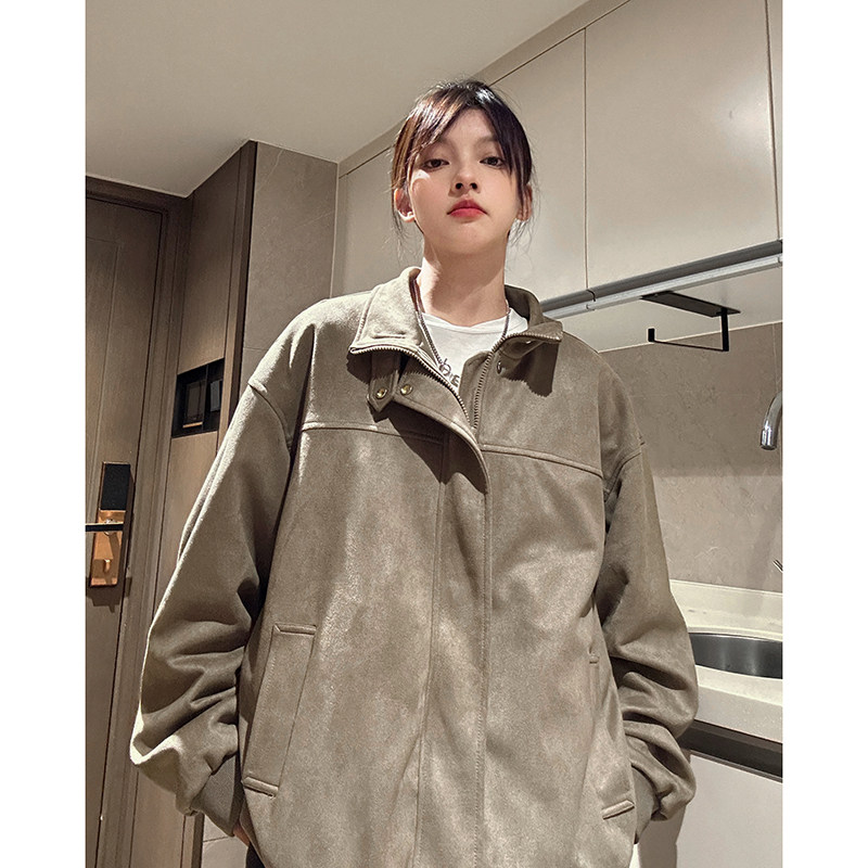 Trendy casual suede half turtleneck loose jacket