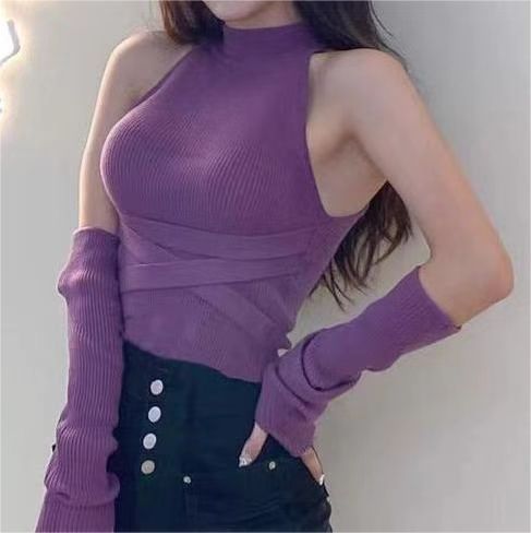 OKMA Knitted Camisole Women's Autumn Outerwear Sleeve Design Sexy Slim Shoulder Purple Hot Girl Top Short Style