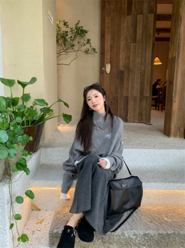 Women's autumn and winter turtleneck irregular loose cape sweater coat two-piece set