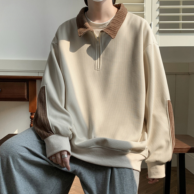 Hong Kong style waffle square collar patchwork large size sweatshirt