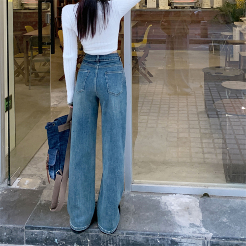 Actual shot of  spring new straight-leg jeans for women, high-waisted fashionable straight-leg loose wide-leg floor-length pants