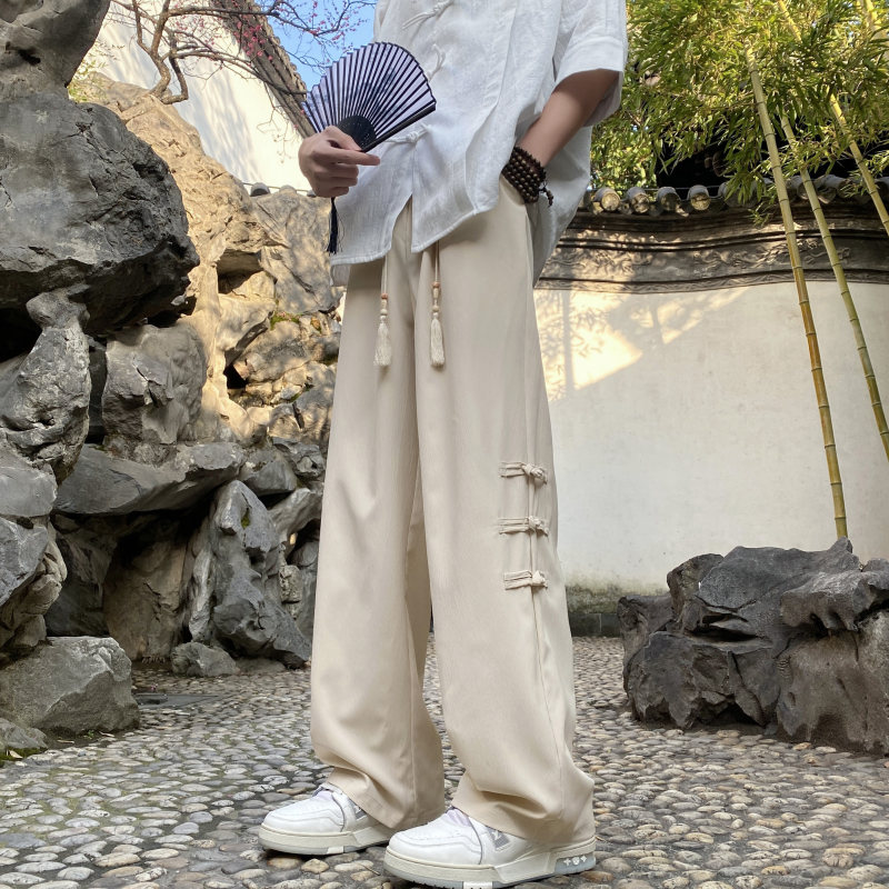 Summer new national style new Chinese style buckle loose ice silk casual trousers