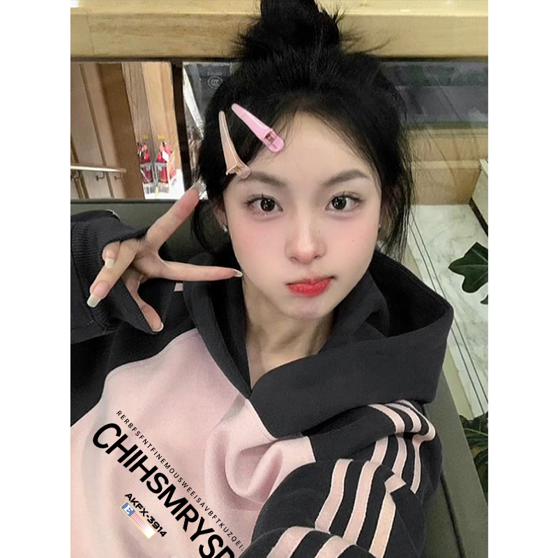 Fully matte and non-pilling imitation cotton Chinese cotton composite milk silk 310g color-blocked three-stripe hooded sweatshirt for women
