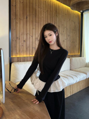 Ballet style lace splicing black long-sleeved T-shirt women's design niche inner crop top