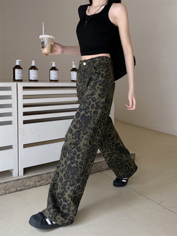 American retro leopard print jeans for women, high-waisted, straight-leg design, wide-leg slimming floor-length trousers