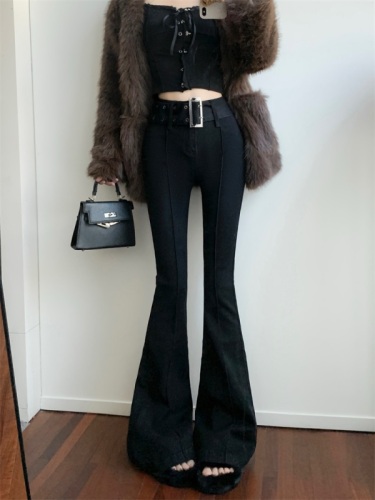Japanese buckle belt plus velvet thickened autumn and winter high waist slim micro-flared straight floor-length trousers