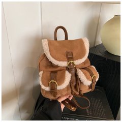 Retro velvet pocket backpack Korean niche suede casual girls backpack autumn and winter new versatile stitching school bag