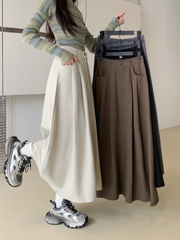 2024 Early Autumn Korean Style High Waisted A-Line Long Skirt Black Suit Skirt Women's New Slimming Large Swing Umbrella Skirt