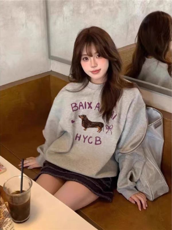 High quality cotton-containing Chinese cotton composite CVC rib round neck printed sweatshirt for women couple regular plus velvet