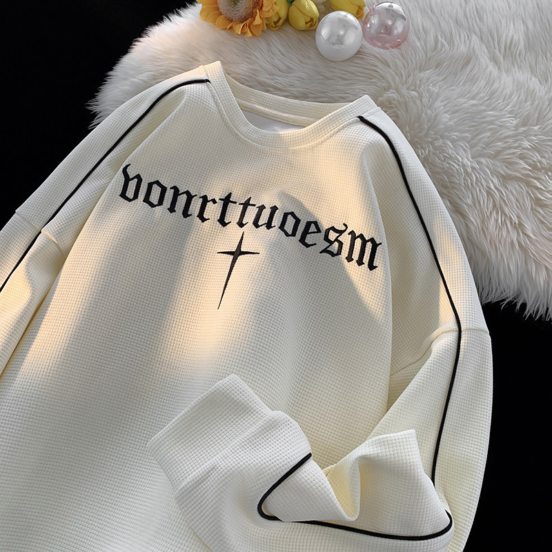 Autumn Hong Kong style waffle embroidery loose long-sleeved sweatshirt bottoming men's T-shirt jacket