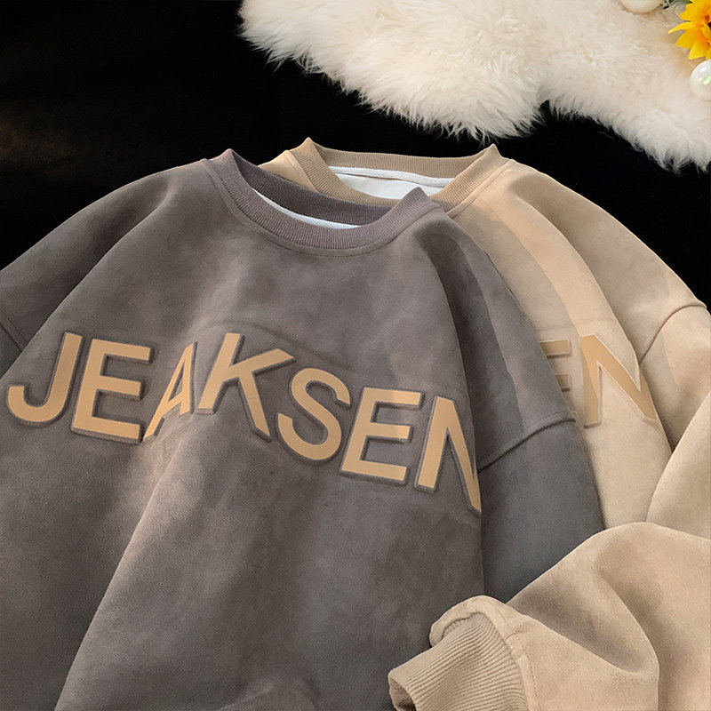 Three-dimensional letters suede sweatshirt for men autumn trendy brand retro large size loose round neck
