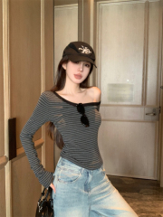 Real shot and real price ~ Designed oblique shoulder striped bottoming shirt for women in autumn long-sleeved sun protection slim casual versatile T-shirt