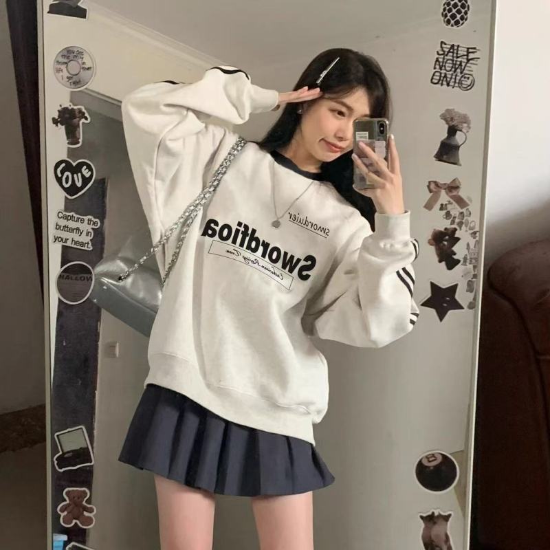 American retro sweet autumn and winter plus velvet round neck couple tops new style loose slim sweatshirt versatile and trendy