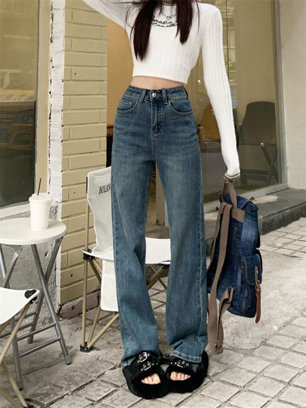 Actual shot of 2023 spring new straight-leg jeans for women, high-waisted fashionable straight-leg loose wide-leg floor-length pants
