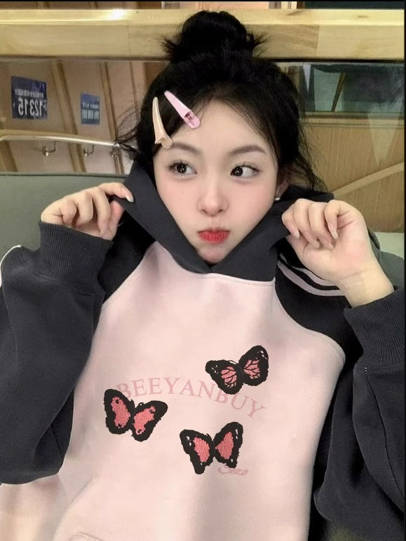Fully matte and non-pilling imitation cotton Chinese cotton composite milk silk 310g color-blocked three-stripe hooded sweatshirt for women