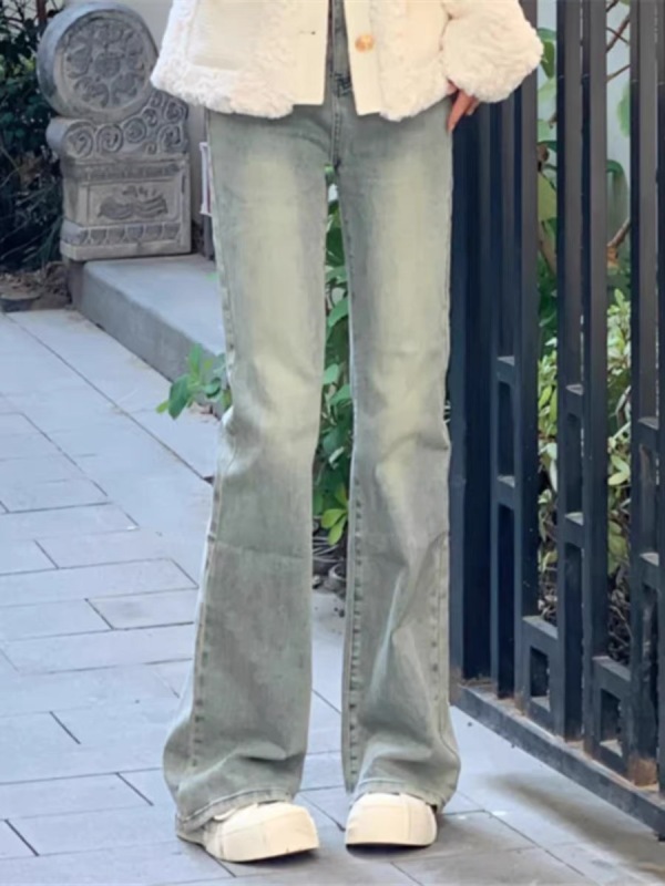 Washed blue retro stretch slim micro-flare jeans for women summer new high-waist slim straight wide-leg pants