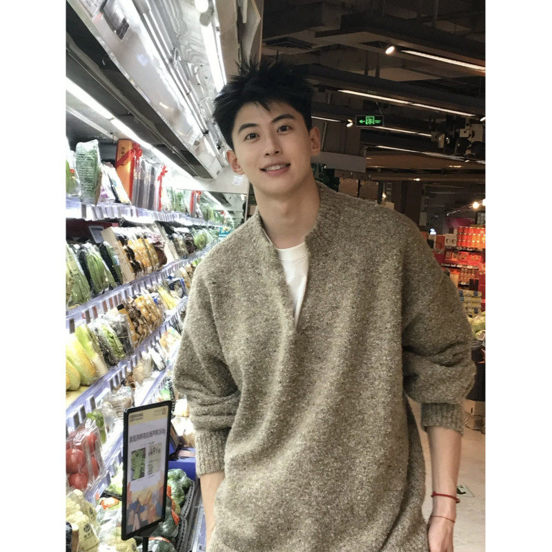 Puyuan knitted oatmeal sweater V-neck Henry neck sweater loose lazy American style sweater for men