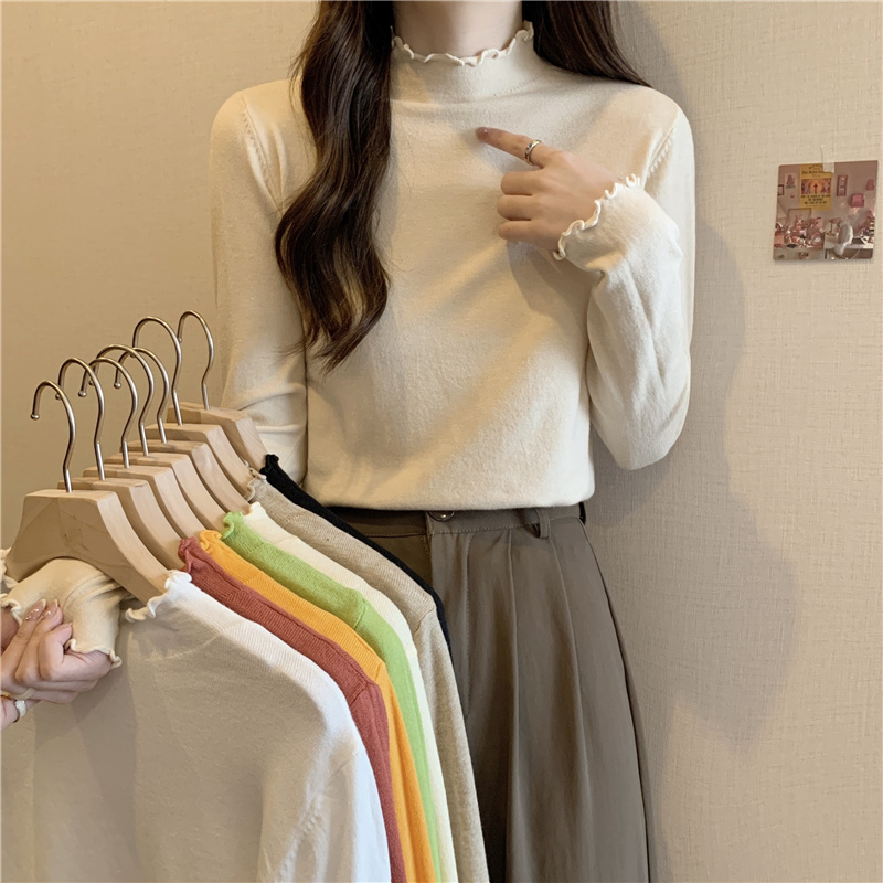 2023 Autumn and Winter Korean Style Soft and Waxy Half Turtle Collar Fungus Trim Versatile Slimming Basic Knitted Sweater Bottoming Sweater