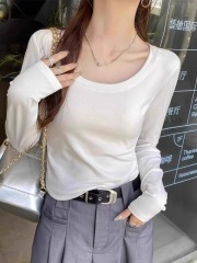 92 cotton 8 spandex 220g new autumn slim fit U-neck exposed clavicle long-sleeved T-shirt for women