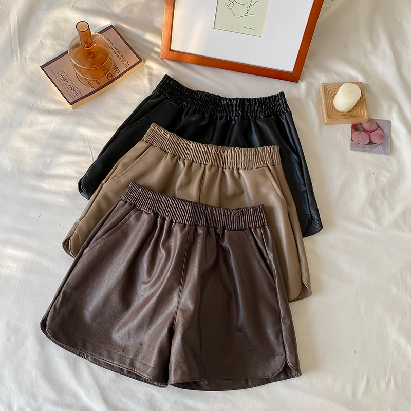 Actual shot and real price for autumn and winter new Korean style high-waisted slim PU leather versatile casual wide-leg shorts for women