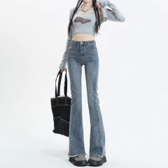 High-waisted large-size bootcut jeans for women in spring with raw edges to slim down fat mm pear-shaped body pants and design flared pants