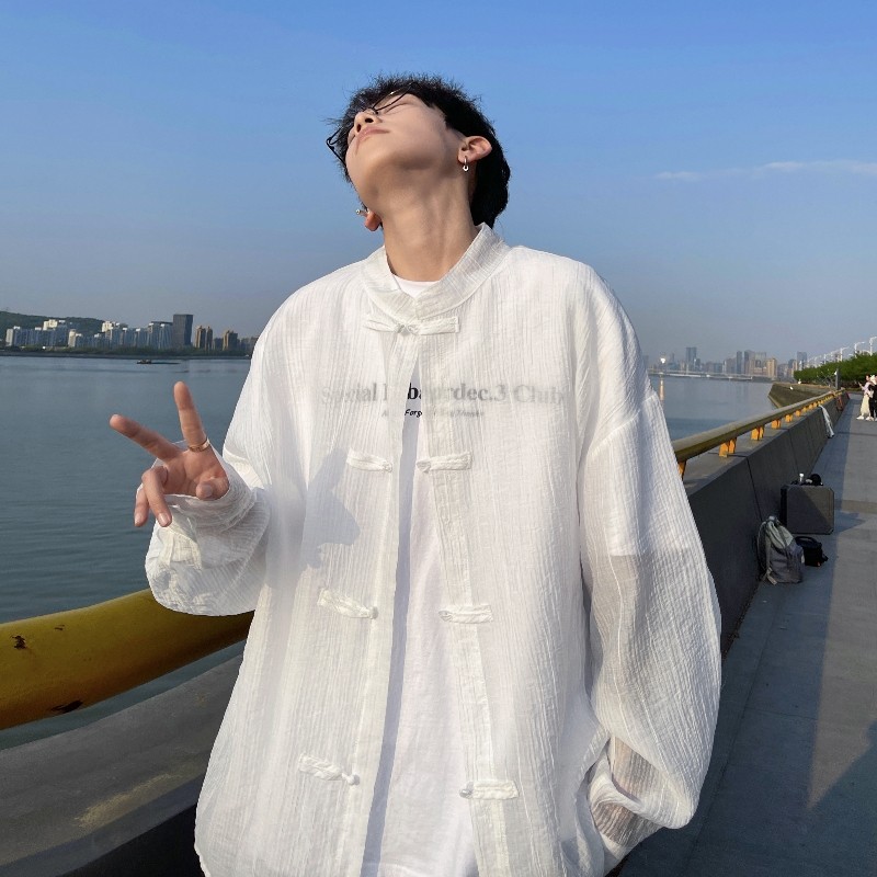 New Chinese style sun protection shirt men's long-sleeved summer thin national style buckle trend shirt