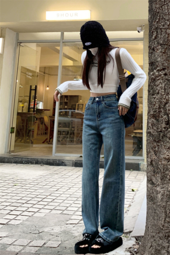 Actual shot of  spring new straight-leg jeans for women, high-waisted fashionable straight-leg loose wide-leg floor-length pants