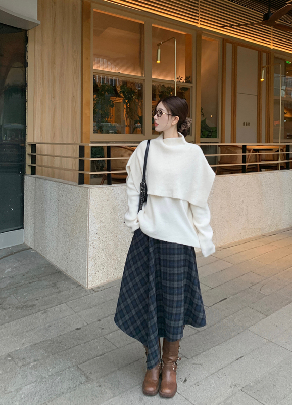 Korean gentle round neck sweater, shawl and scarf two-piece set + skirt set, lazy autumn and winter