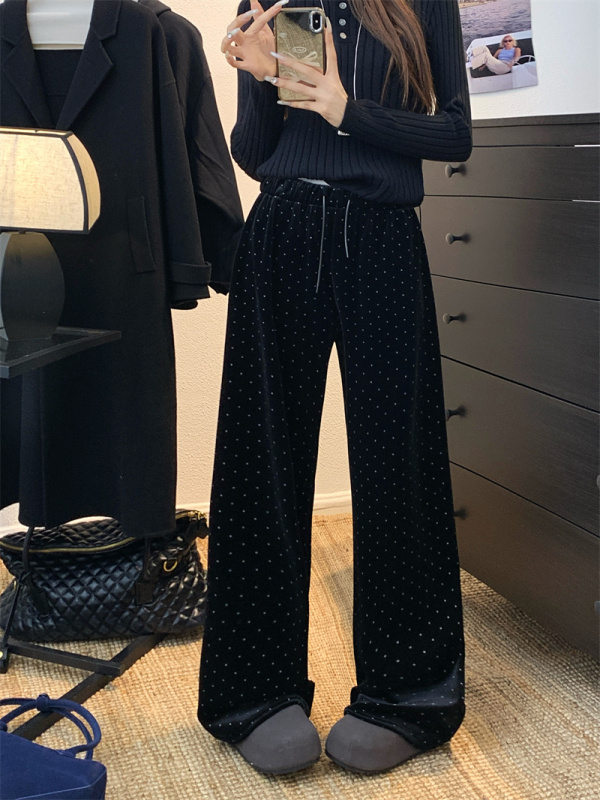 Gold velvet wide-leg pants slimming autumn and winter thickened velvet loose high-waisted floor-length trousers