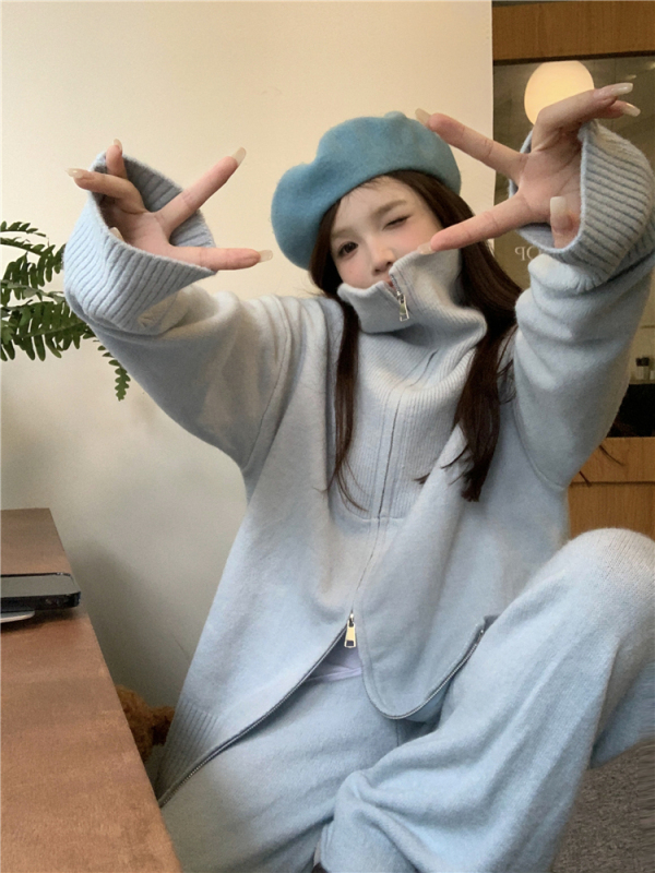 Fashionable casual versatile design knitted top wide-leg pants suit